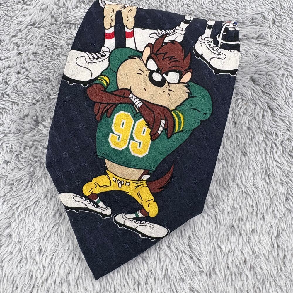 Vintage 1990's Looney Toons Mania 100%‎ Silk Tie Football Bugs Taz Daffy
